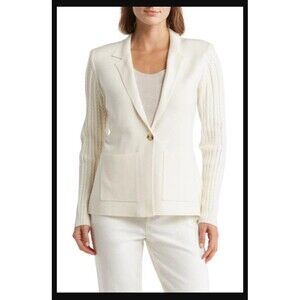 Como Vintage Cardigan Blazer XL Ivory White Knit Cable Sleeves Preppy Classic